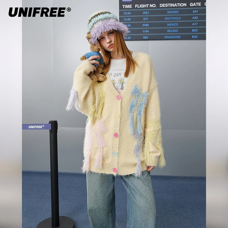 0160【马琦尧专属】UNIFREE蝴蝶结流苏提花V领针织开衫U251N010V1B1