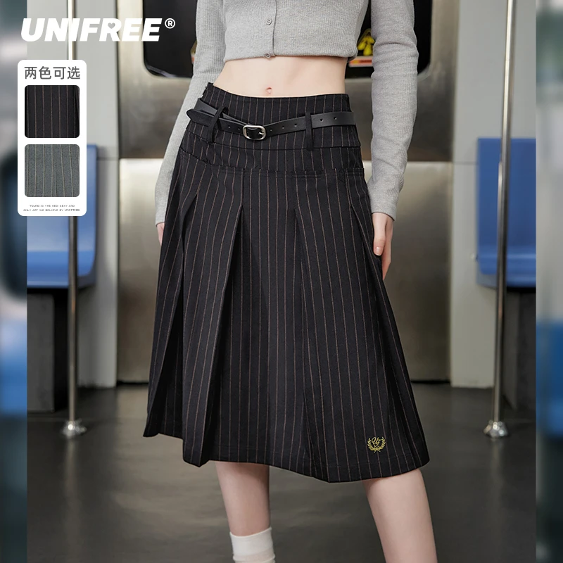 0166【金拐子专属】UNIFREE复古学院风毛边直筒半身裙U243Q035V1V1