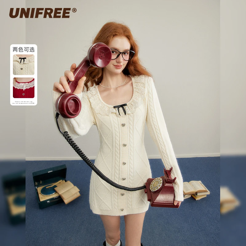 UNIFREE安可拉红长袖针织连衣裙娃娃领蕾丝拼接收腰显瘦裙包臀子