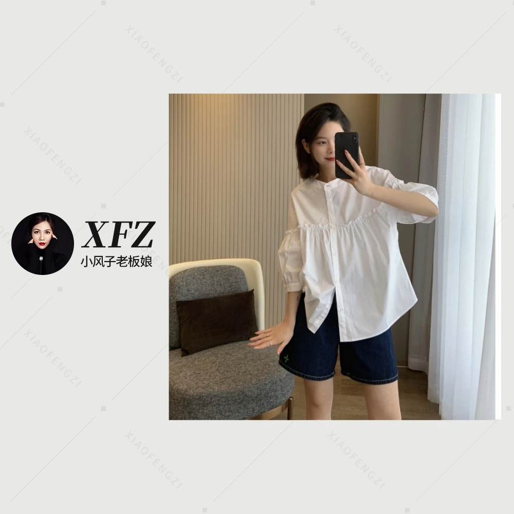 特! 森系设计师款木耳边宽松显瘦圆领短袖衬衫