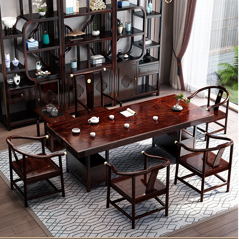 红檀实木大板茶台新中式茶桌椅组合实木茶几套装办公室家用茶台