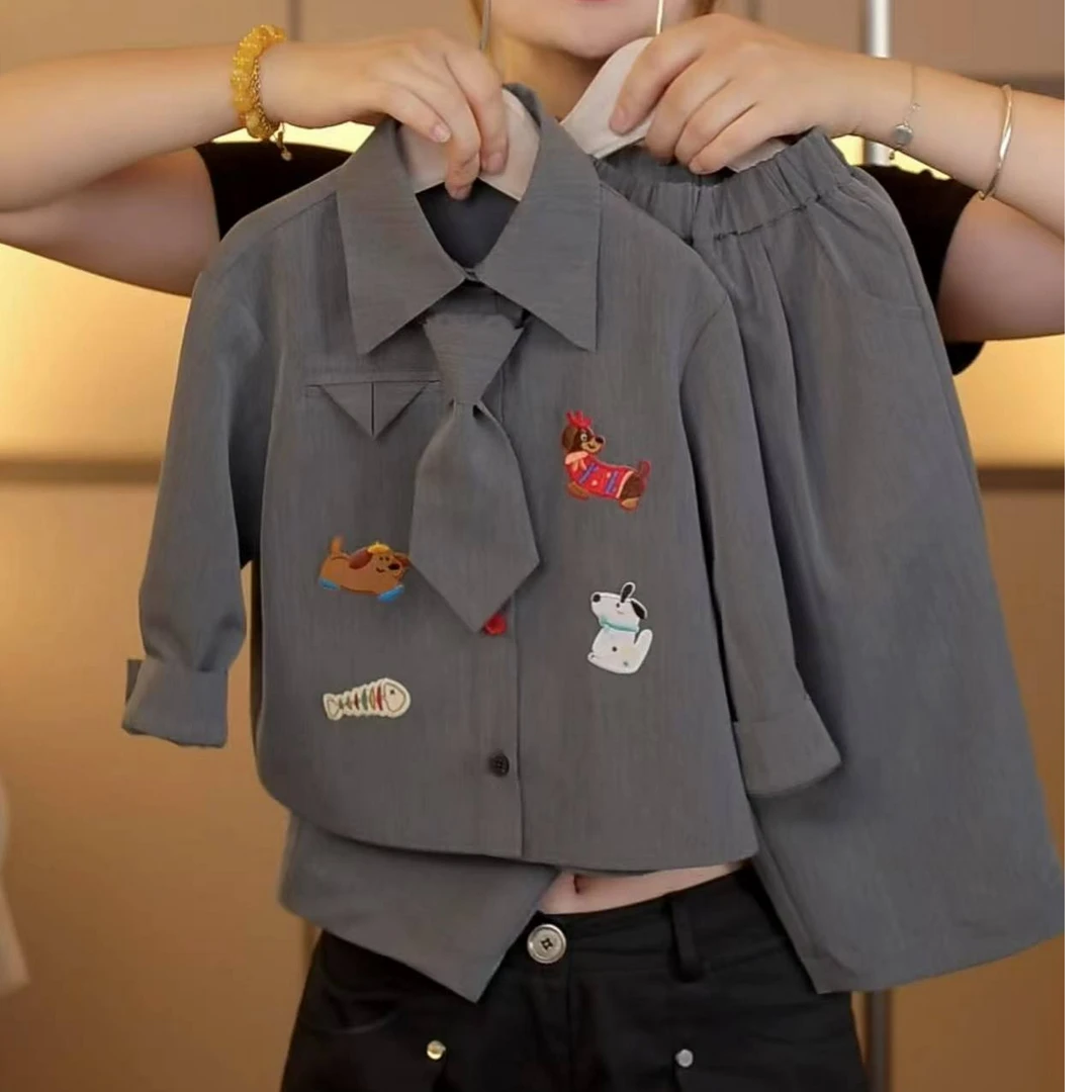 【绅士】幂姐原创男女童刺绣小狗翻领西装衬衫+长裤套装MJQ246408