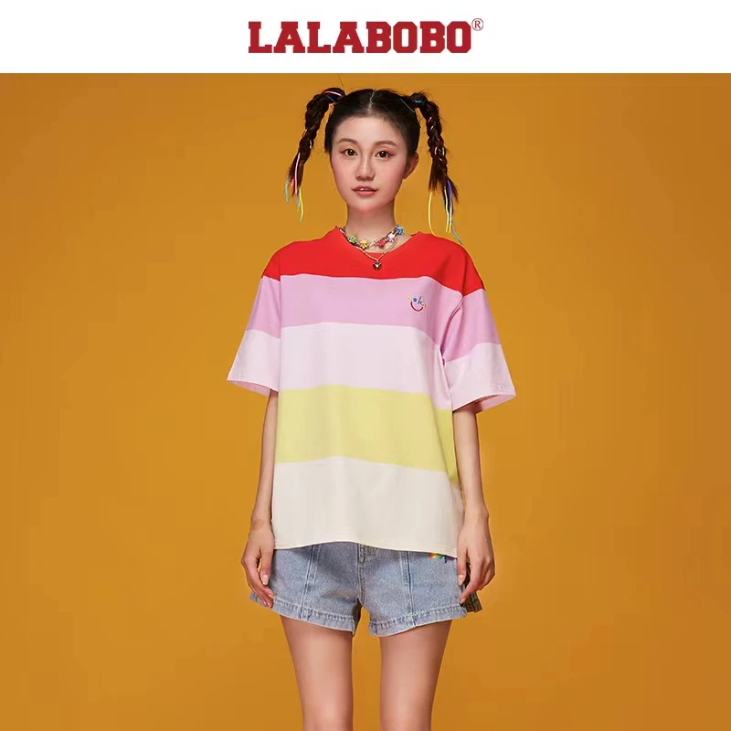 石家庄(微瑕不退不换)LALABOBO条纹宽松短袖T恤L21E-WSDT22