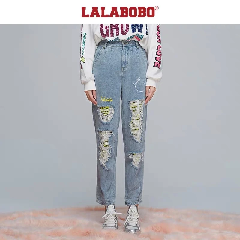 东北区秋新款毛巾绣笑脸织章宽松显瘦牛仔裤女|L21E-WXZC31