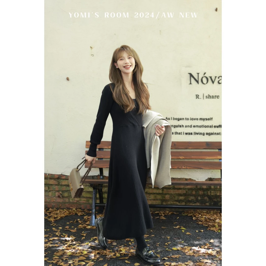 YOMI小个子定制【优雅女主】V领针织优雅连衣裙秋季小个子长裙