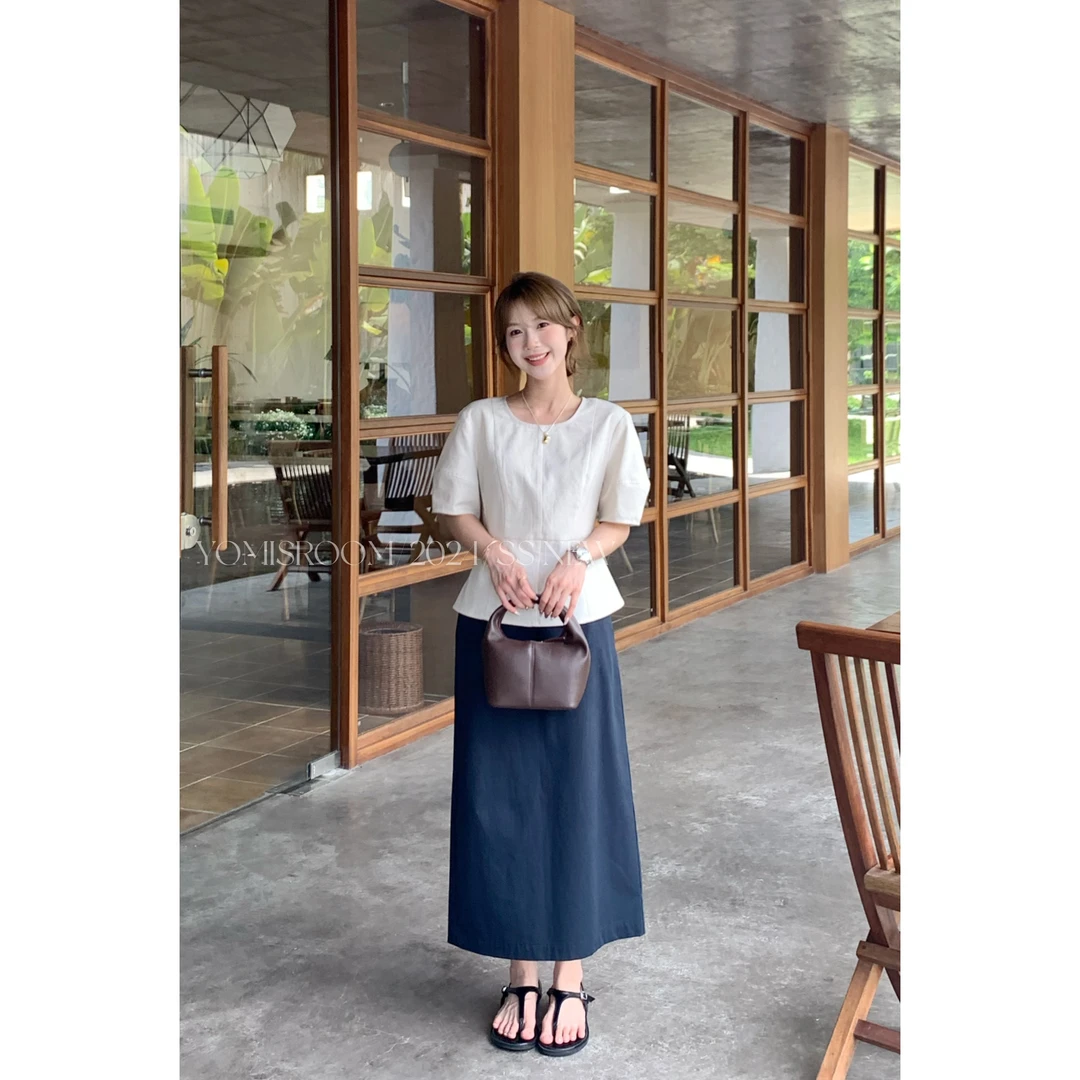 YOMI小个子定制【悠然气质】简约设计感亚麻夏季短袖百搭上衣小个子