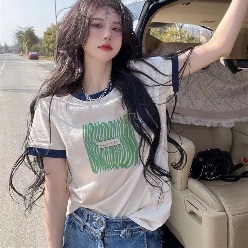 潮款宽松圆领印花白色休闲时尚百搭潮流韩版拼色短袖T恤-绿波浪