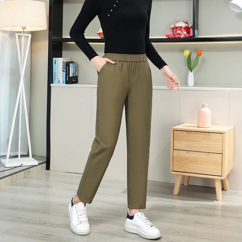 纯棉直筒裤女秋季宽松显瘦显高松紧腰春秋烟管裤休闲大码咸菜绿色
