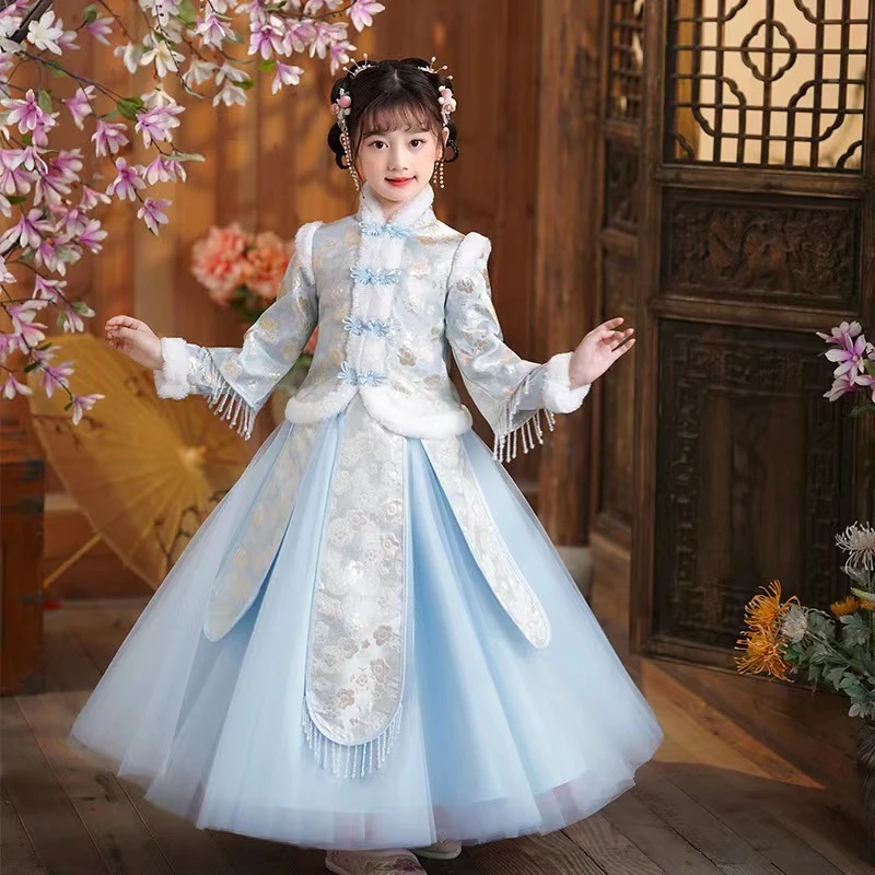 汉服女童冬装超仙拜年服中国风童装儿童唐装秋冬款套装加绒新年装