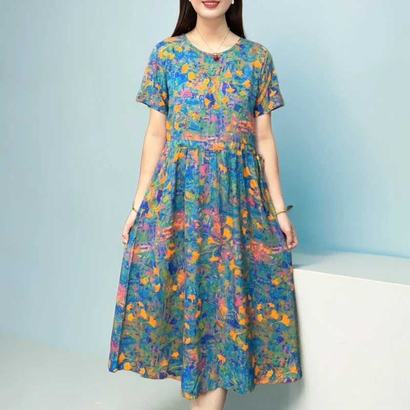 妈妈装中长款棉绸裙子中老年夏季新款时尚短袖系带大码连衣裙