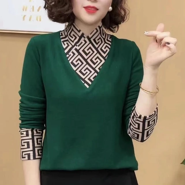 2024新款时尚气质百搭秋冬季交叉领长袖打底衫显瘦女士上衣#3060