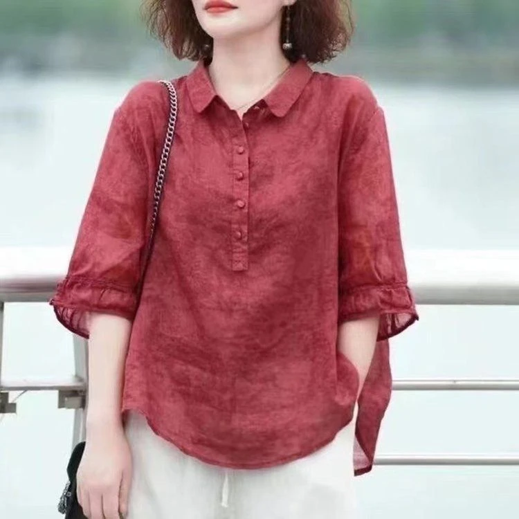 时尚翻领衬衫女中老年妈妈上衣2024夏季新款宽松薄款显瘦提花衬衣