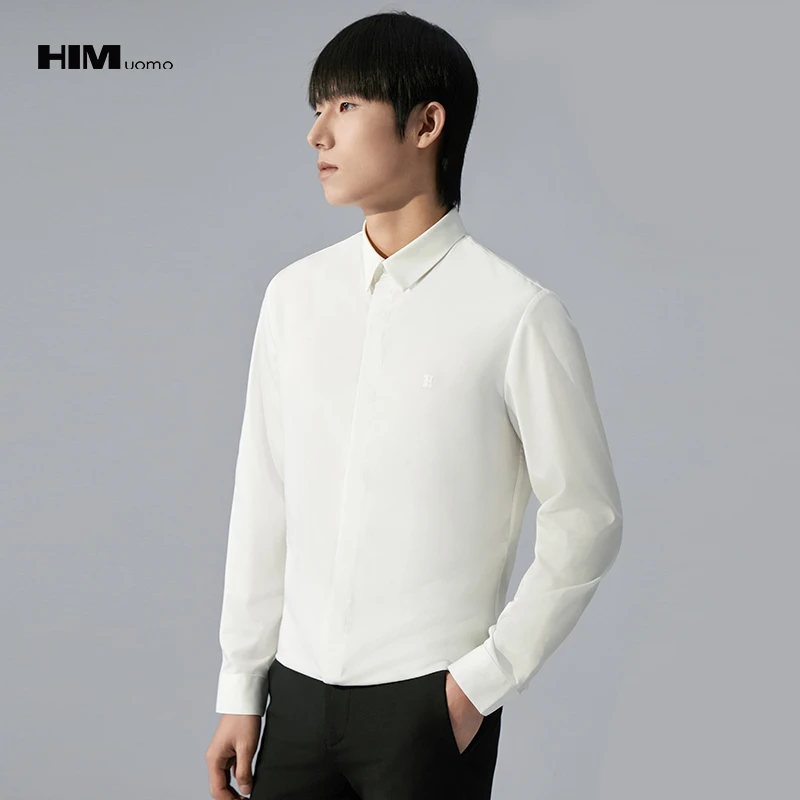 HIM漢崇 衬衫易打理通勤职业商务正装秋季高端简约白色长袖男衬衣