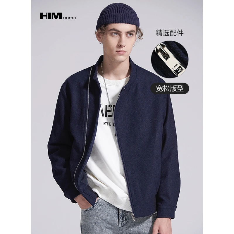 HIM漢崇 毛呢夹克衫男潮流青年简约保暖短款毛呢外套 秋冬新款