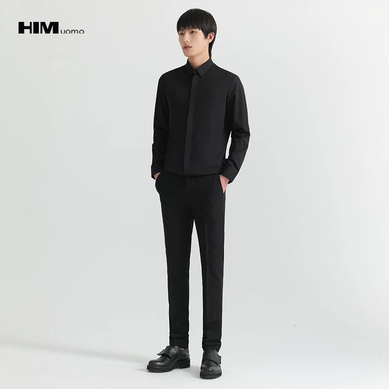HIM漢崇 男士斯文修身衬衫日常通勤商务正装舒适长袖衬衣2025春季