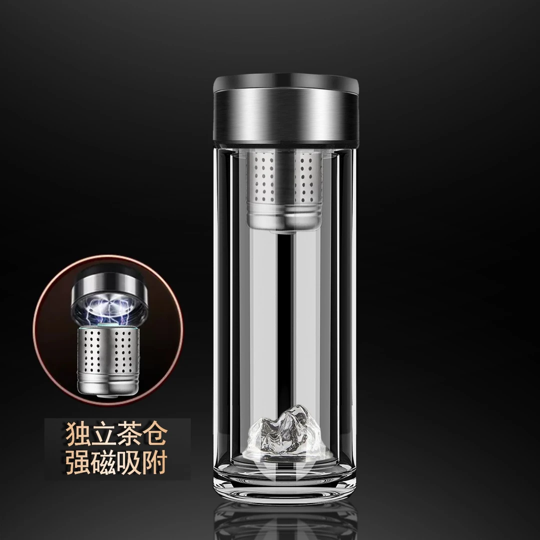 弹仓磁吸泡茶杯透明双层茶水分离杯男士车载茶水杯带盖玻璃杯定制