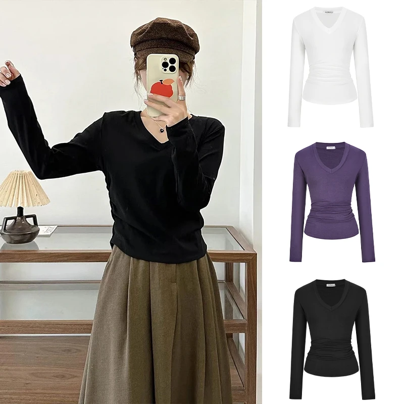 MosesQueen/魔西大码长袖T显瘦针织高弹修身V领打底一字肩斜肩