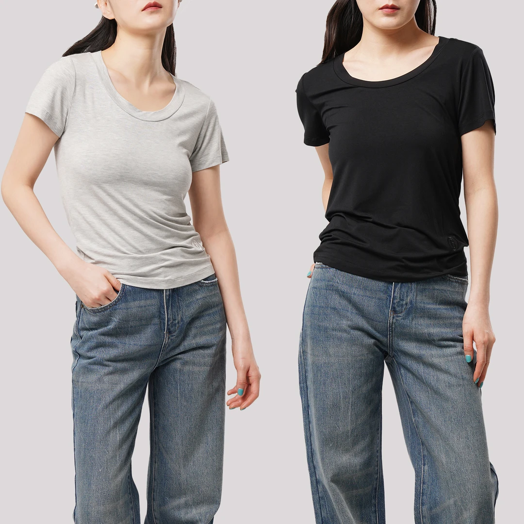 【meebest】(原190) T24147下摆刺绣高弹莫代尔大圆领短袖T恤