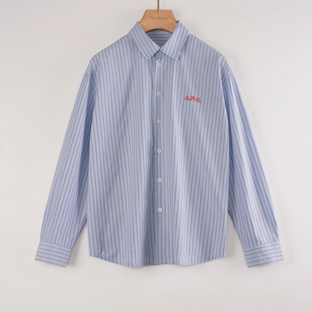 【meebest】(原355) C24189红色字母刺绣条纹长袖衬衫