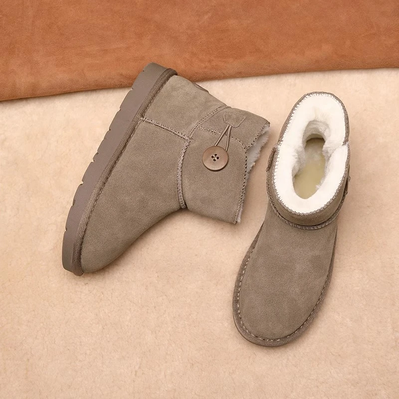 【5803】雪地靴女短筒真皮雪地棉鞋加绒加厚保暖防滑纽扣冬季雪地鞋