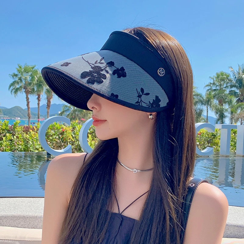 夏季网红同款时尚空顶防紫外线遮阳帽大檐遮脸太阳帽女士防晒帽子