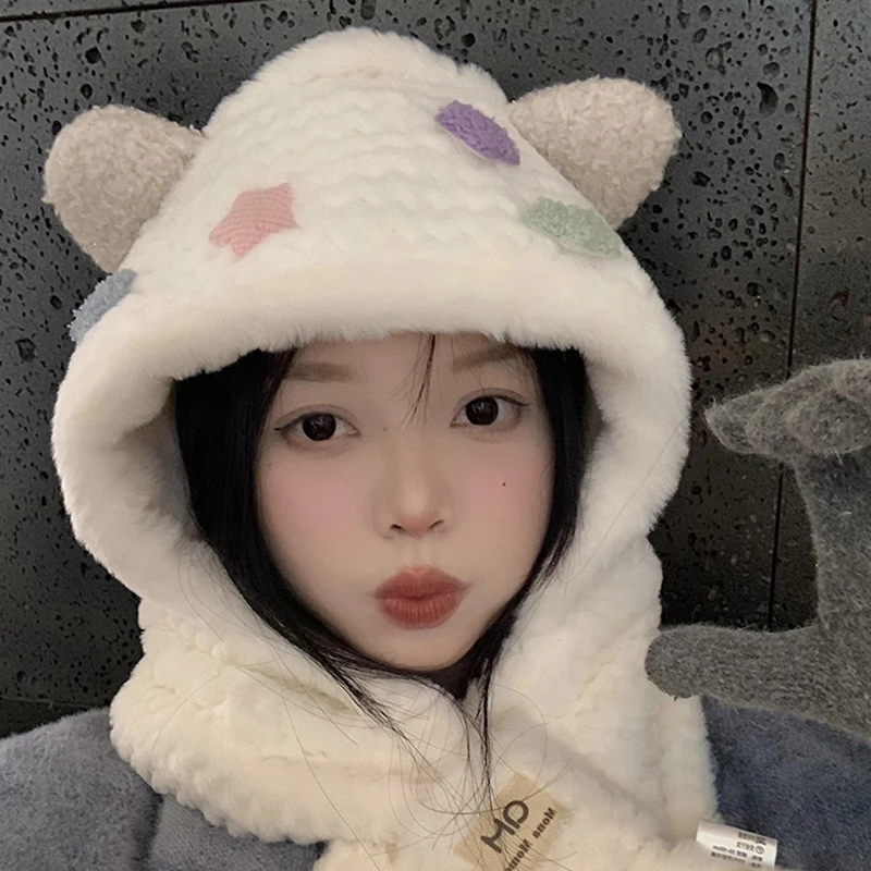 星星小熊毛绒帽女秋冬季韩版可爱加厚保暖帽子围巾一体骑车雷锋帽