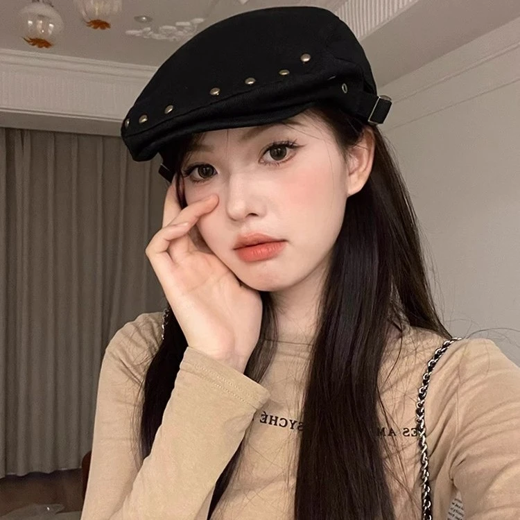 美式前进帽复古铆钉y2k大头围日系复古画家帽显脸小韩版八角帽潮