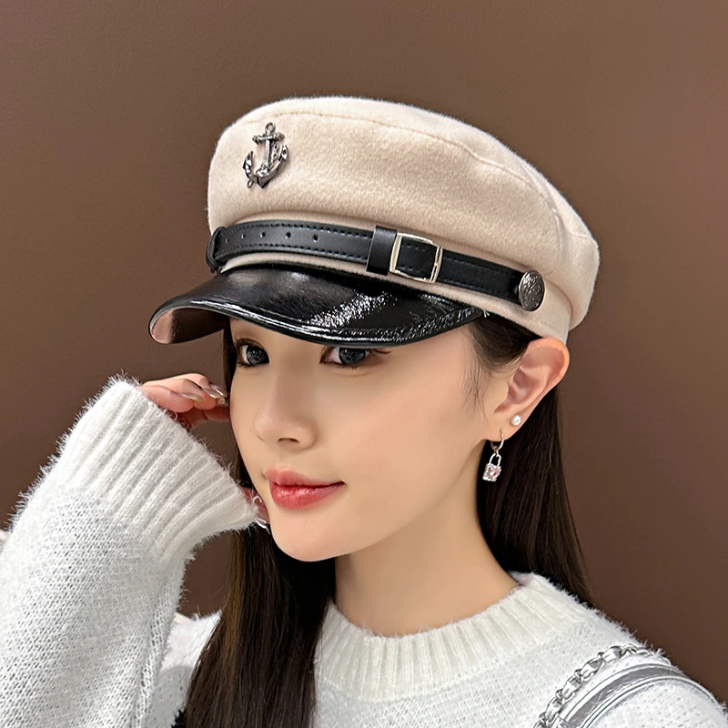 2023新款重工海军风船锚平顶毛呢帽子女秋冬百搭显脸小时尚贝雷帽