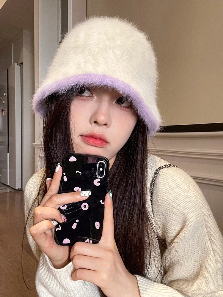 毛绒保暖渔夫帽女2023新款秋冬盆帽显脸小韩系甜美可爱针织水桶帽