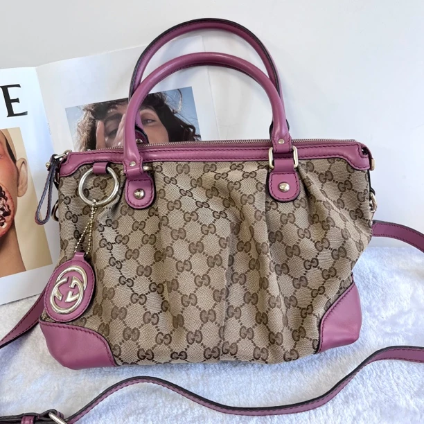 95新 GUCCI/古驰 XM/经典老花拼蔷薇红托特包斜挎包/DH09502068