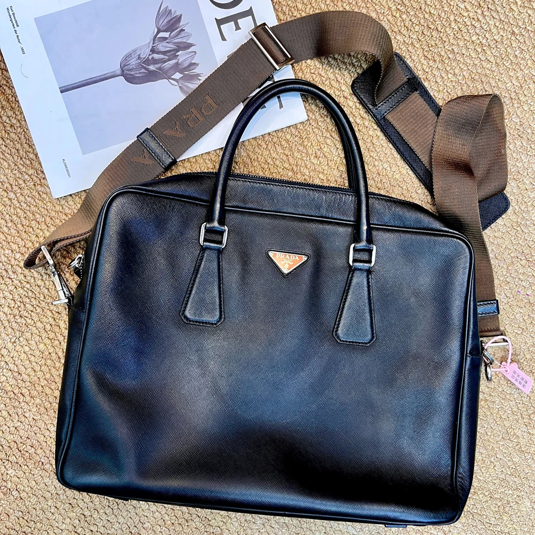 95新 Prada/普拉达 XM/经典黑金标公文包手提斜挎包/JZ06528010改