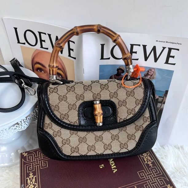 95新 GUCCI/古驰 XM/高级竹节 满印手提黑皮精致包/YZ08125112改