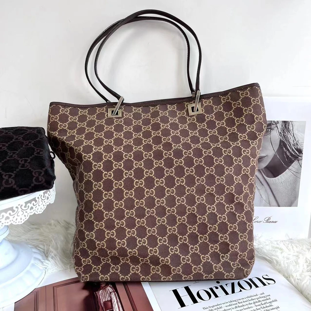 95新 GUCCI/古驰 XM/巧克力色复古满印老花帆布托特包/ZZ09717029