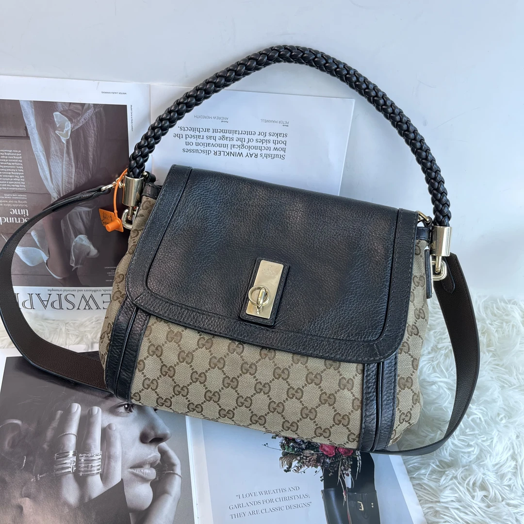 95新 GUCCI/古驰 XM/中古老花拼黑邮差单肩斜跨包/T3MK08605025