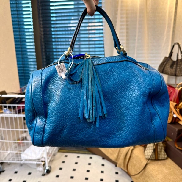 95新 GUCCI/古驰  XM/气质蓝色圆筒波士顿流苏手提包BB07518085特