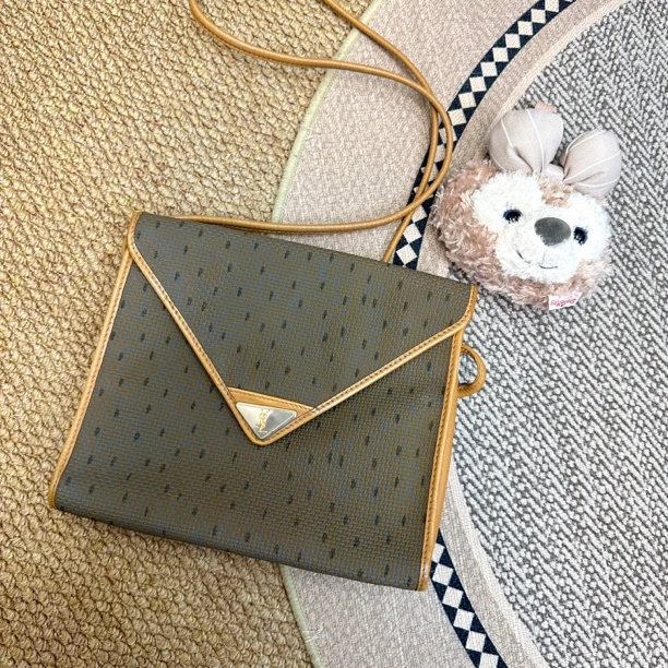 95新 YSL/圣罗兰 XM/满印复古信封棕皮编织斜挎包/THWJ04725011