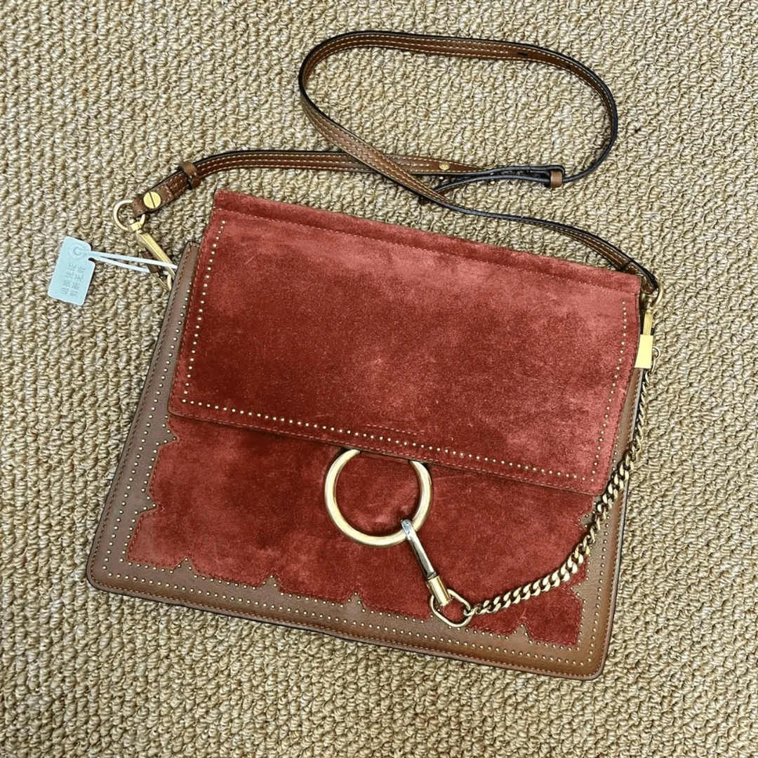 95新 Chloe/蔻依 XM/酱红中号麂皮复古铆钉链条斜挎包/MH05709050