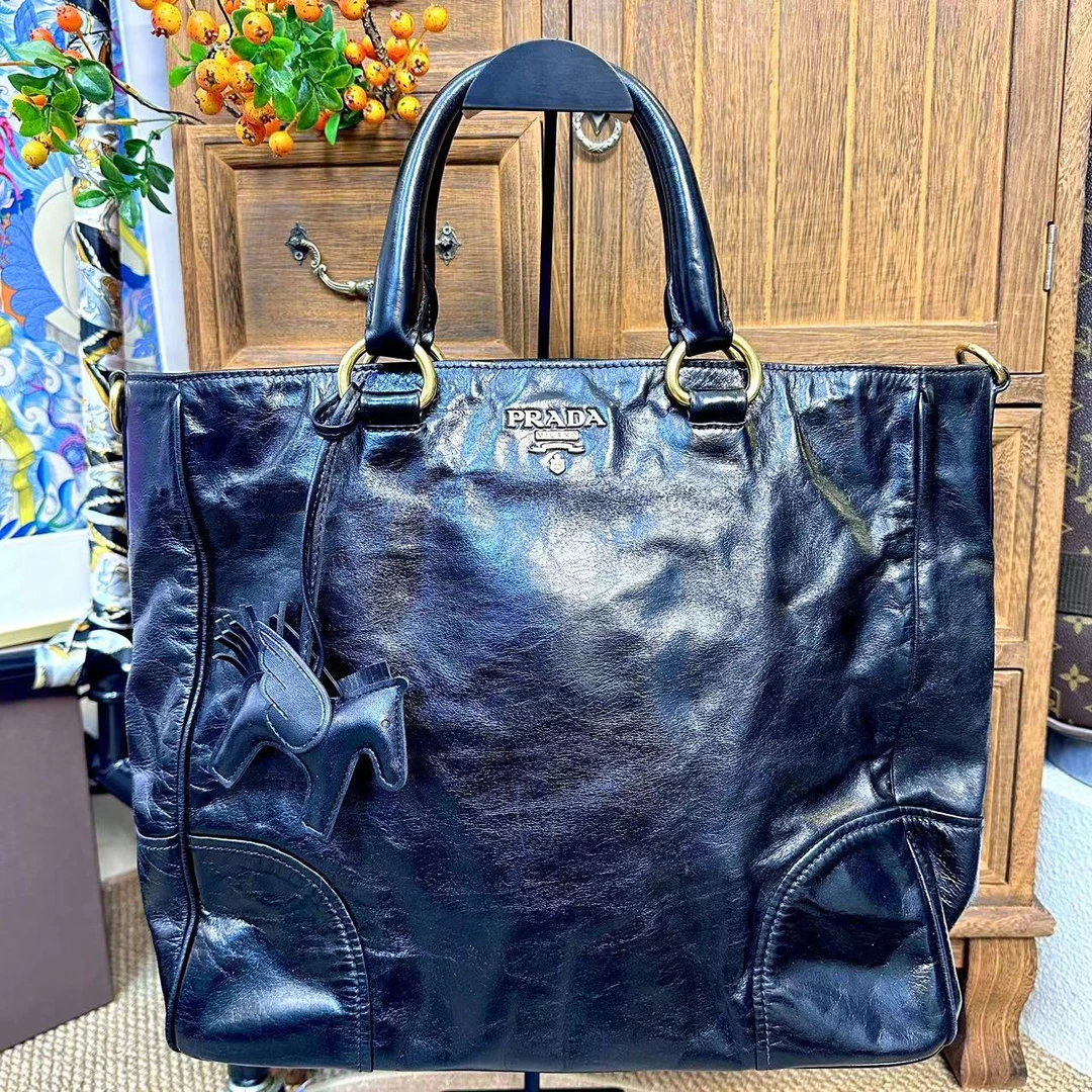 95新 Prada/普拉达 XM/黑金配色高级手提单肩托特包/BB08611014改