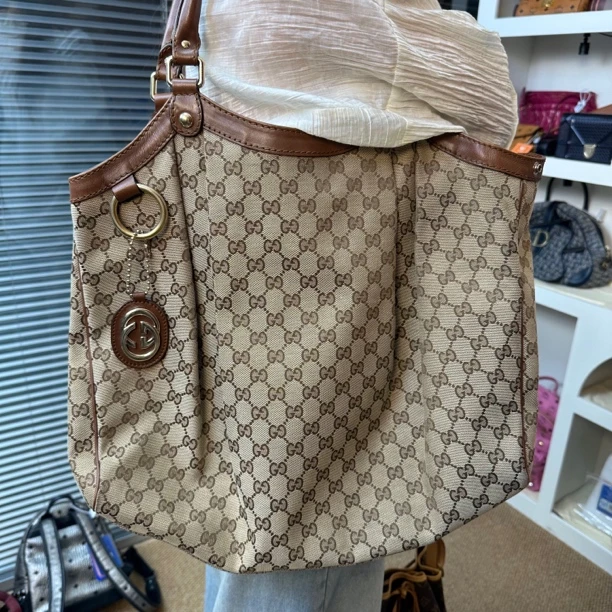 95新 GUCCI/古驰 XM/经典棕色老花拼皮休闲单肩托特包/XS07726006