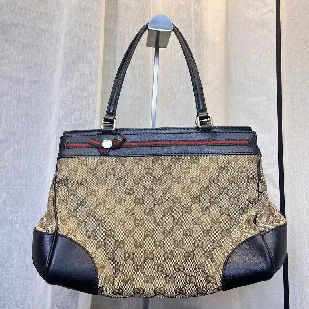 95新 GUCCI/古驰 XM/经典老花拼黑皮蝴蝶结托特包/JX08507014改