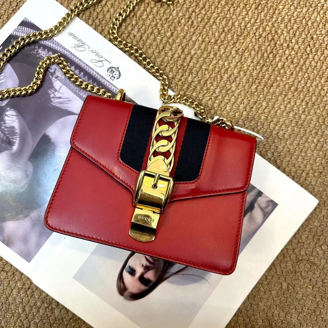 95新 GUCCI/古驰  XM/红蓝塞尔维亚 链条小号斜挎包/KH08113051