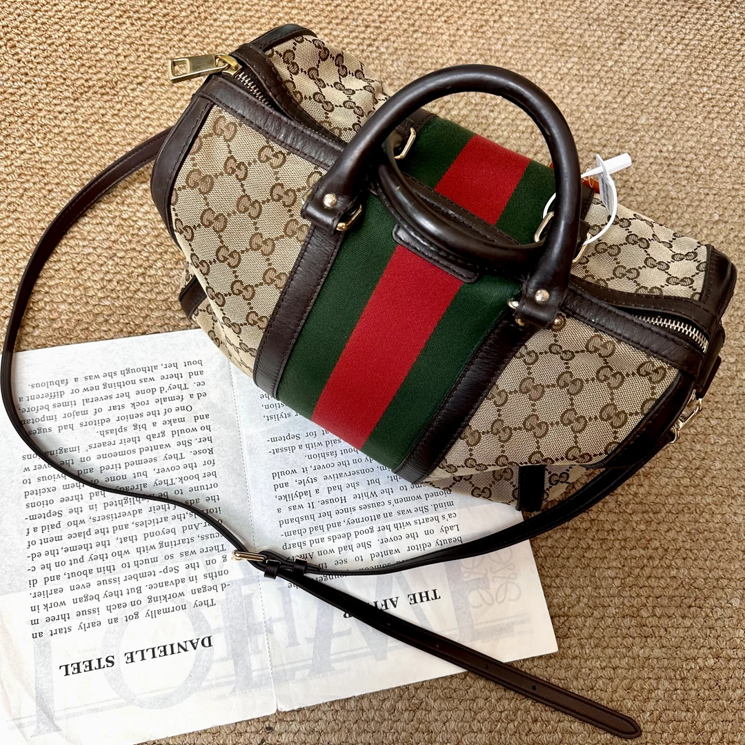 95新 GUCCI/古驰 XM/百搭经典老花红绿带波士顿手提包/ZG08603057