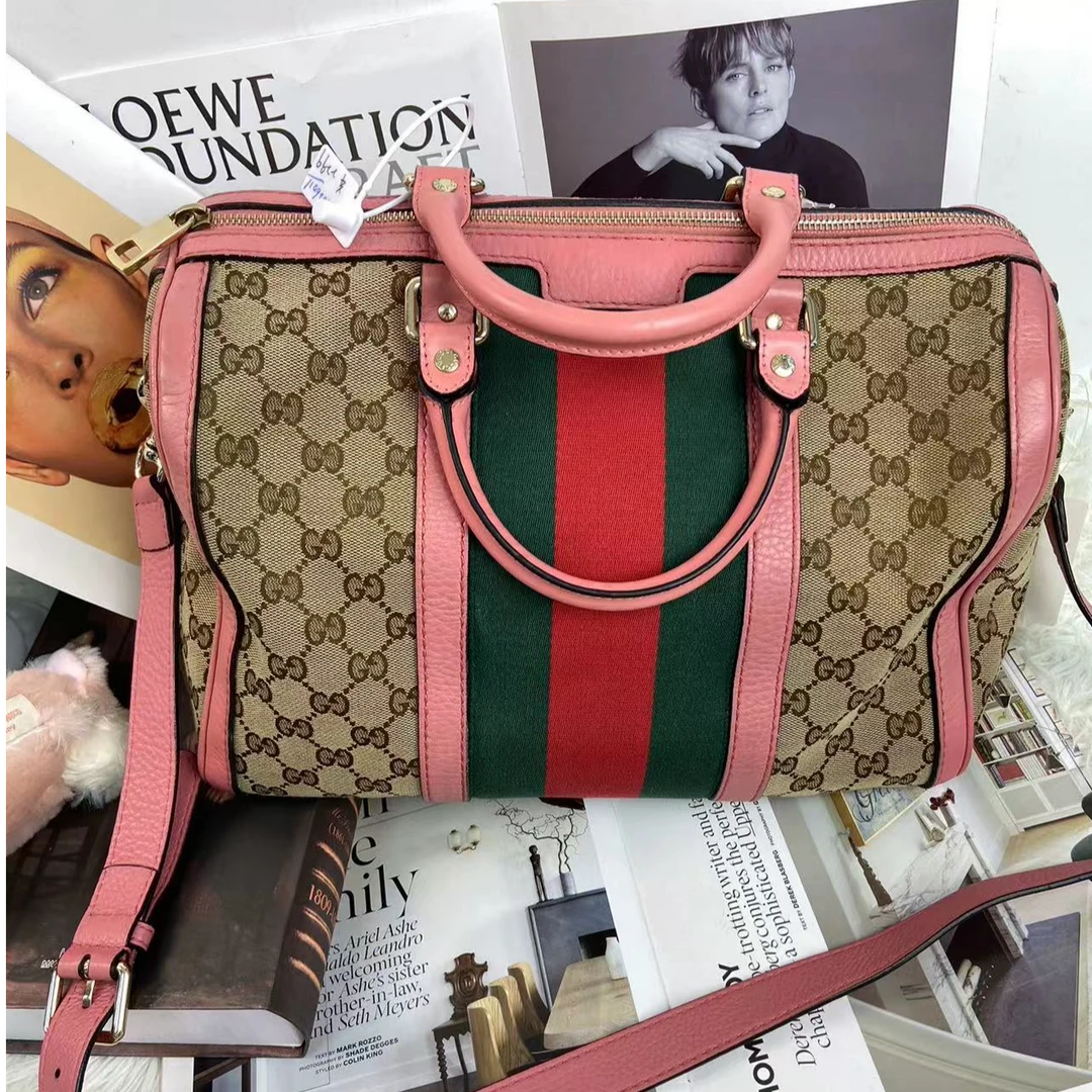 95新 GUCCI/古驰 XM/满印老花拼皮波士顿手提斜挎包/THKH09626011