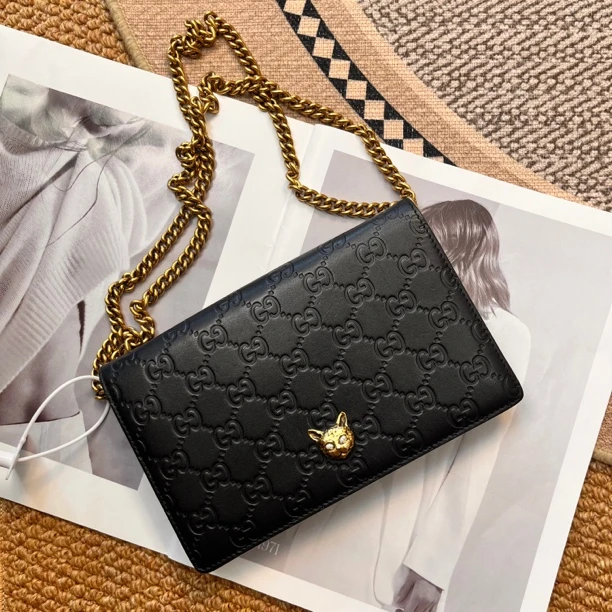 95新 GUCCI/古驰 XM/猫头 黑色WOC 老花暗纹斜挎包/KH04110201