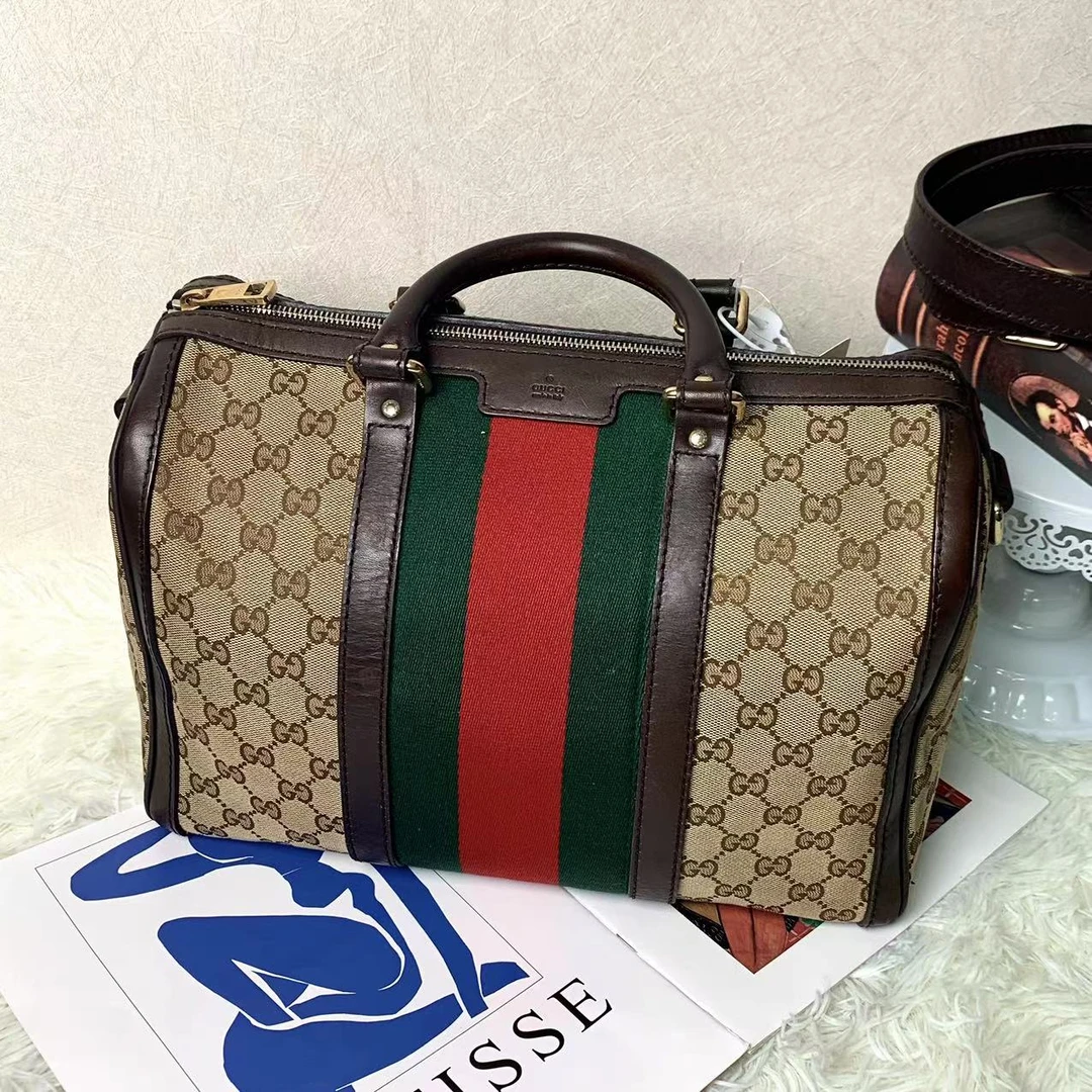 95新 GUCCI/古驰 XM/满印老花拼皮红绿编织带波士顿包/XT10109021