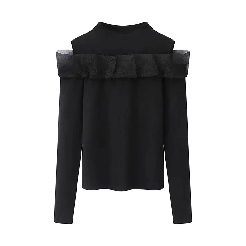 2024针织衫露肩长袖黑色半高领套头秋冬40818045气质