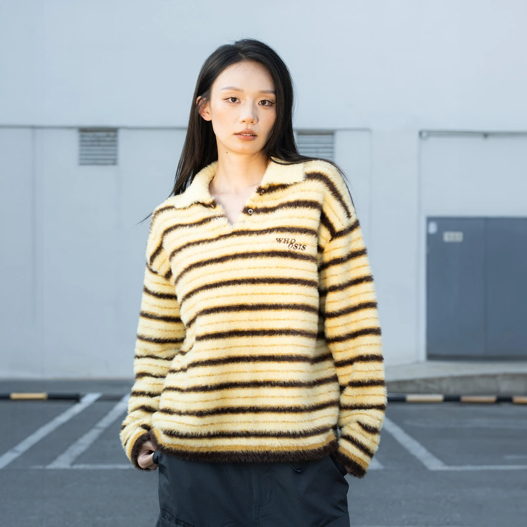 WHOOSIS（不知其名）马海毛boxy毛织Polo衫条纹宽松秋冬套头休闲