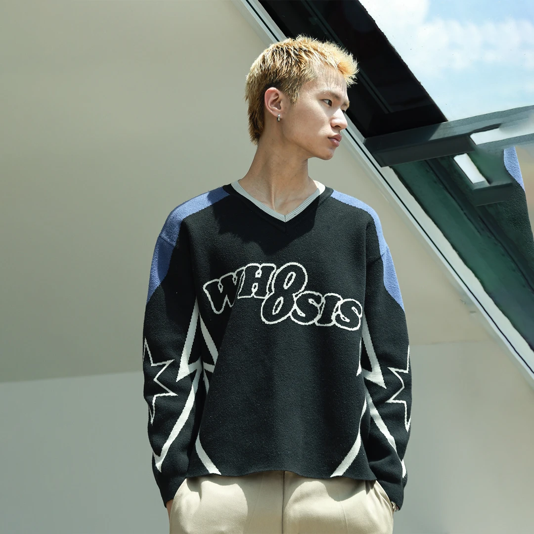 【年货节】WHOOSIS（不知其名）提花拼色针织衫长袖撞色秋冬潮流时尚