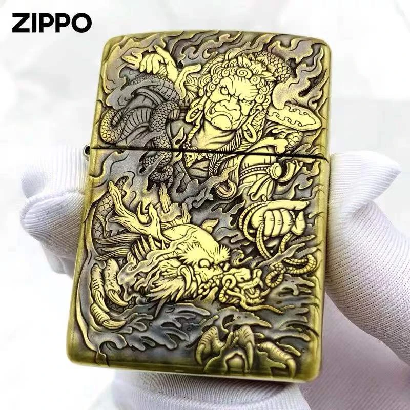 ZIPPO打火机-DIY鬼王黄铜盔甲-手雕不动明王男士双面防风DY9912FD