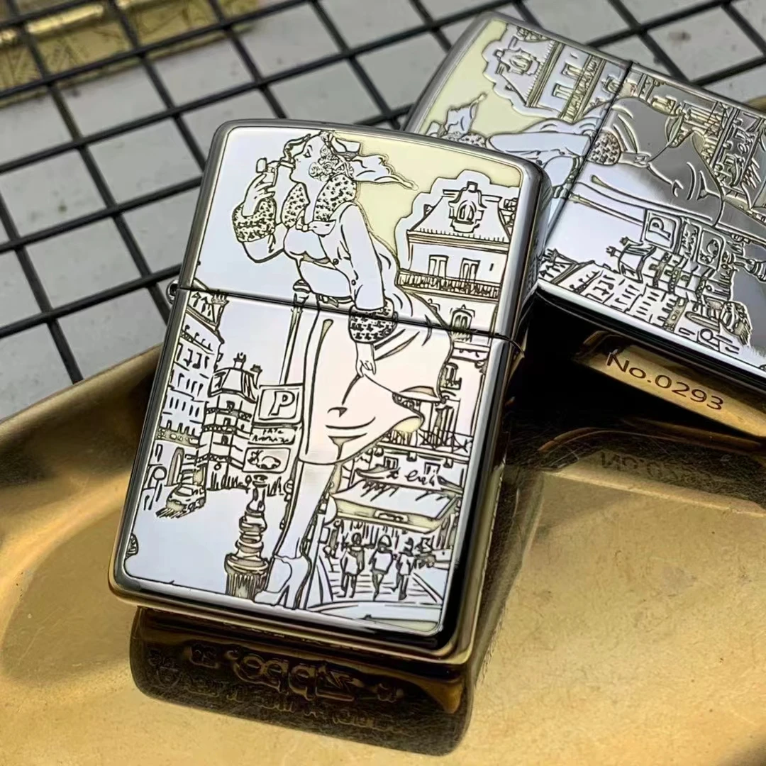 ZIPPO-黄铜镀铬-盔甲-DIY风女风中女郎双面原装防风双色DY9911DK